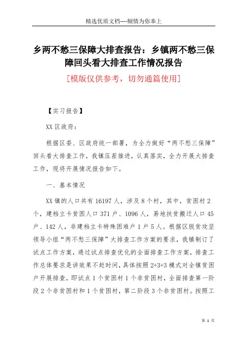 乡两不愁三保障大排查报告：乡镇两不愁三保障回头看大排查工作情况报告(共8页)