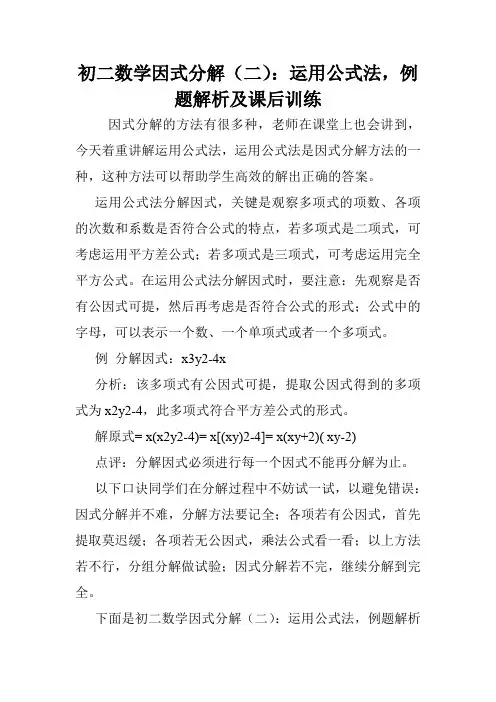 初二数学因式分解(二)：运用公式法,例题解析及课后训练.doc