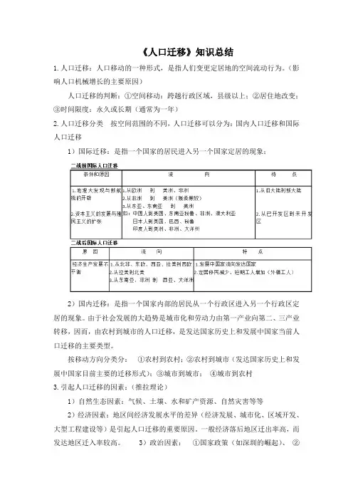 湘教版高中地理必修2 1.3《人口迁移》知识总结