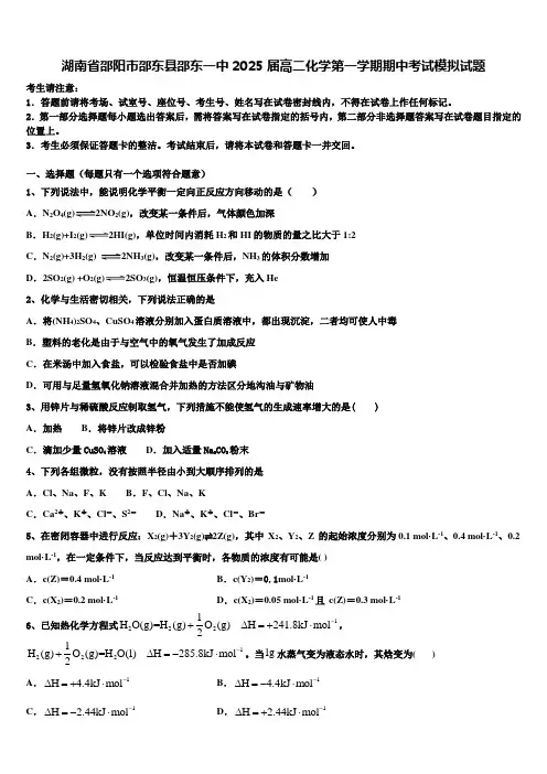 湖南省邵阳市邵东县邵东一中2025届高二化学第一学期期中考试模拟试题含解析