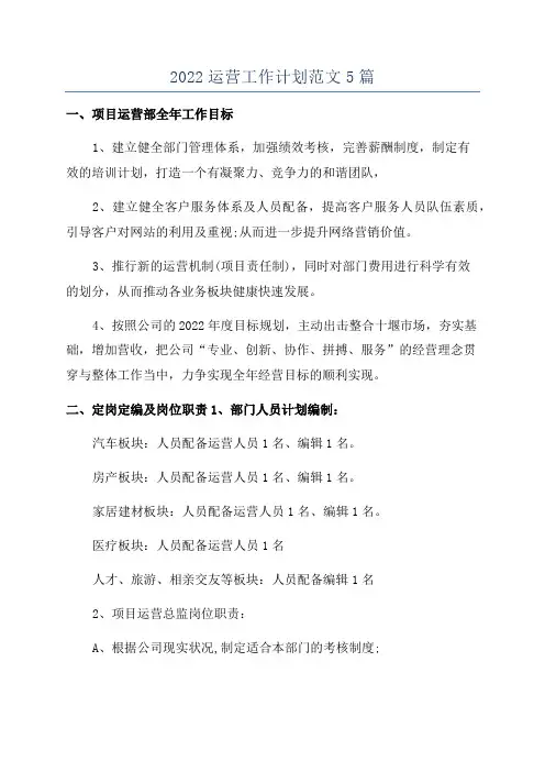 2022运营工作计划范文5篇