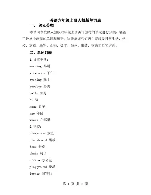 英语六年级上册人教版单词表