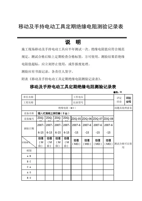 移动及手持电动工具定期绝缘电阻测验记录表