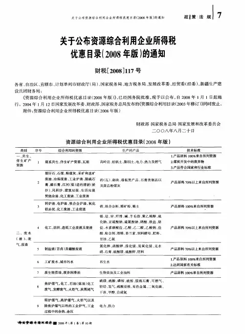 关于公布资源综合利用企业所得税优惠目录(2008年版)的通知财税[2008]117号