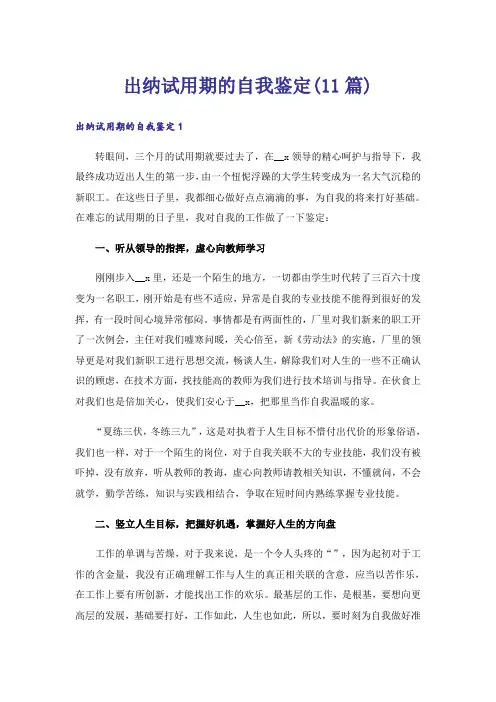 出纳试用期的自我鉴定(11篇)