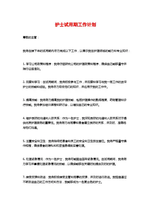 护士试用期工作计划