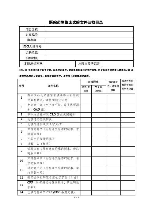 医院药物临床试验文件归档目录