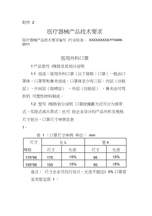 医用外科口罩--医疗器械产品技术要求模板