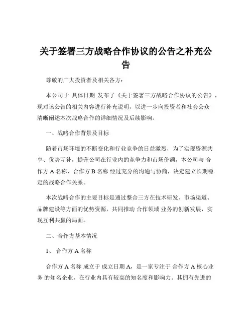 关于签署三方战略合作协议的公告之补充公告