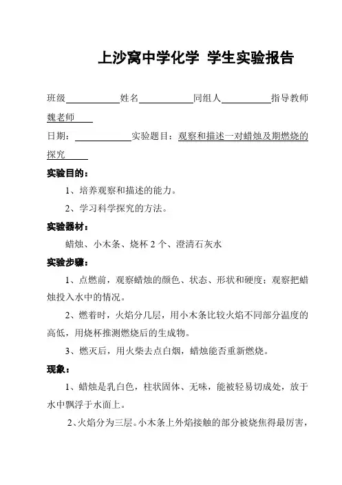 19实验报告个分组可印)九年级化学(人教版)实验报告单样本1