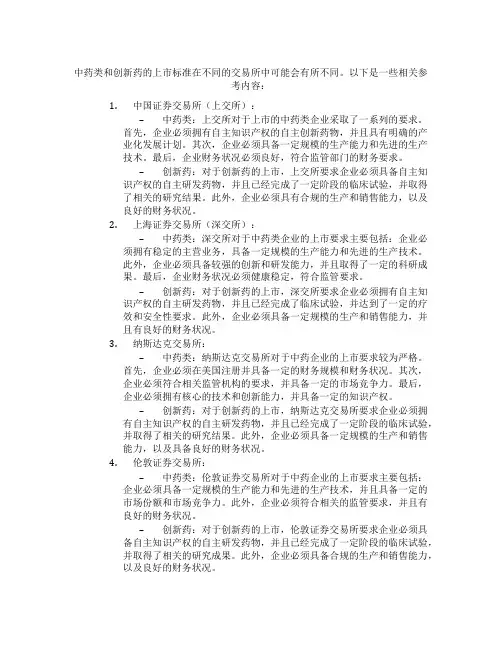 各交易所中药类、创新药上市标准