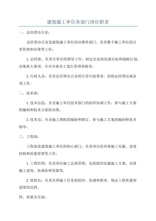 建筑施工单位各部门岗位职责