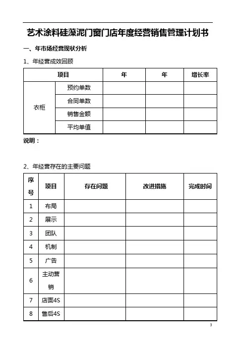 艺术涂料硅藻泥门窗门店年度经营销售管理计划书