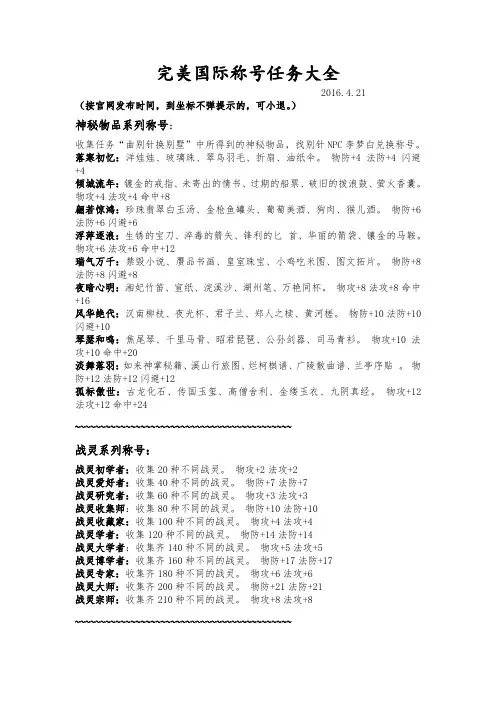 精编完美国际称号大全