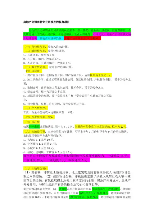 房地产公司的税费项目和税率