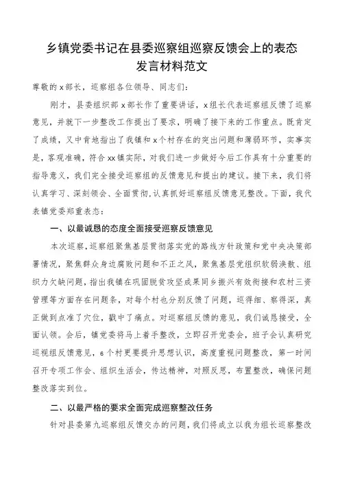 乡镇党委书记在巡察反馈会议上的表态发言材料