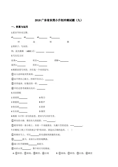 六年级下册语文试题 - 2019广东省东莞小升初冲刺试题(九) 人教新课标 含答案