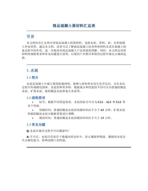 商品混凝土原材料汇总表