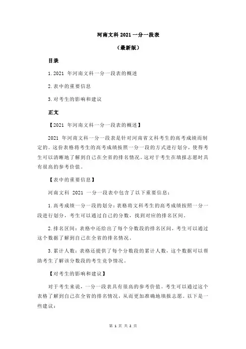 河南文科2021一分一段表
