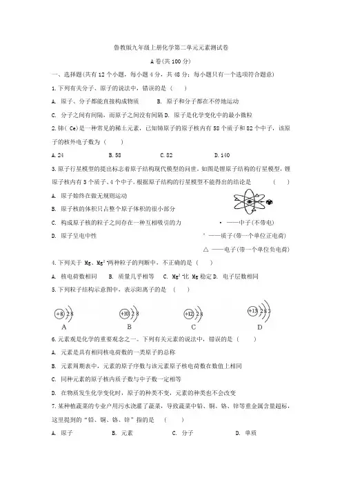 鲁教版九年级上册化学第二单元元素测试卷及答案