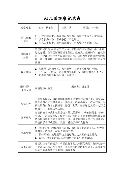 幼儿园幼儿观察记录表