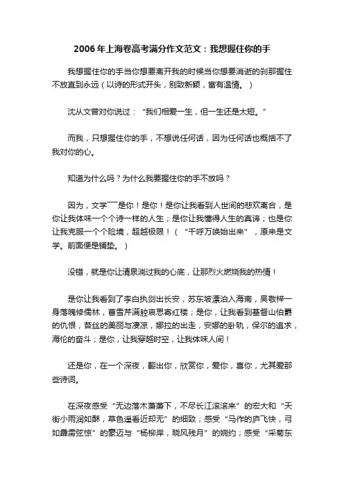 2006年上海卷高考满分作文范文：我想握住你的手