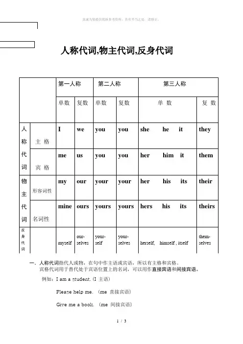人称代词,物主代词和反身代词表格