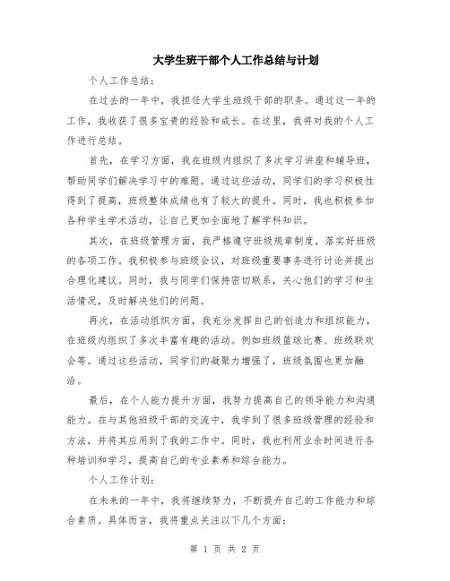 大学生班干部个人工作总结与计划
