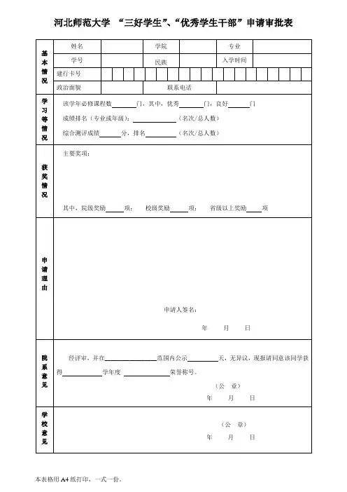 河北师范大学校级三好学生、优秀学生干部申请审批表