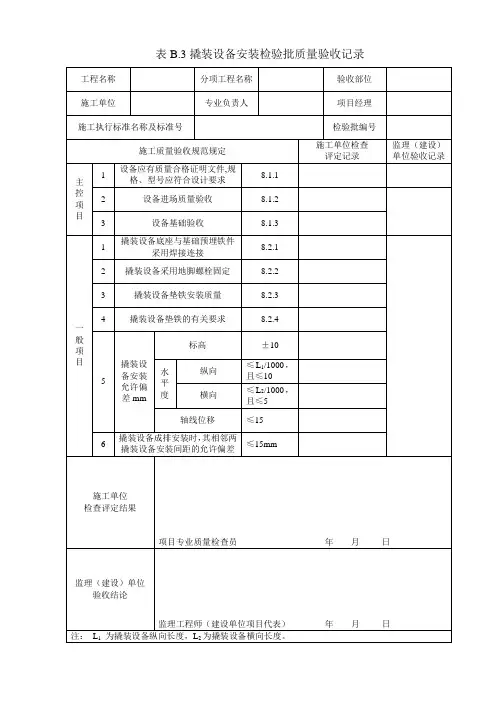 表B.3撬装设备安装检验批质量验收记录