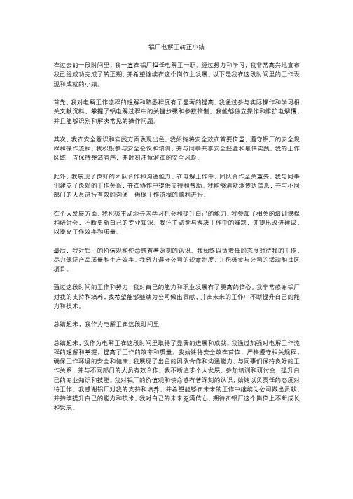 铝厂电解工转正小结怎么写200左右