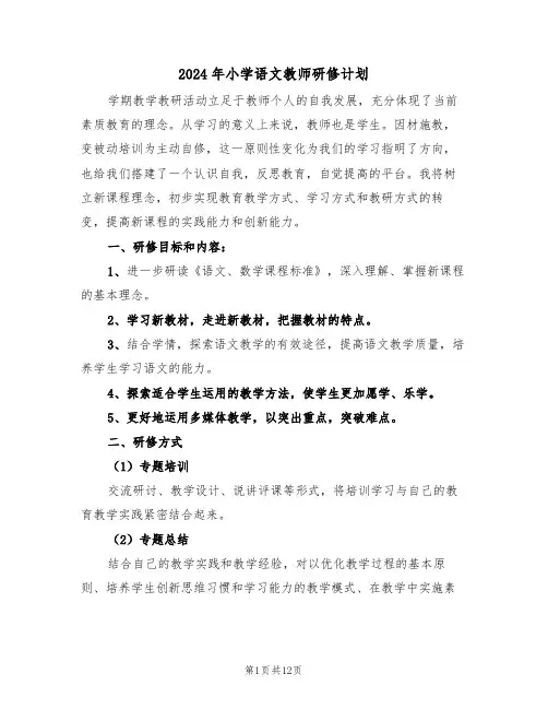 2024年小学语文教师研修计划（五篇）