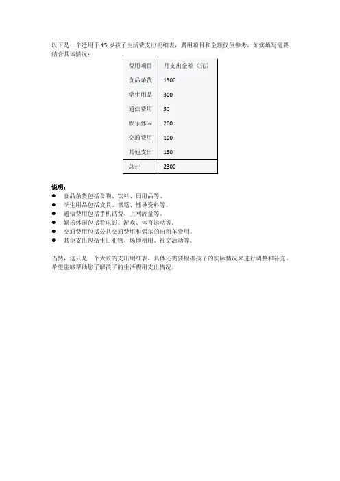 15岁孩子生活费支出明细表