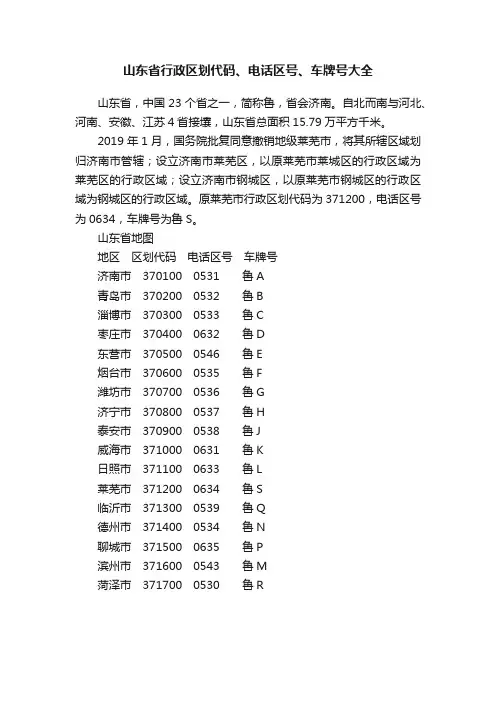 山东省行政区划代码、电话区号、车牌号大全