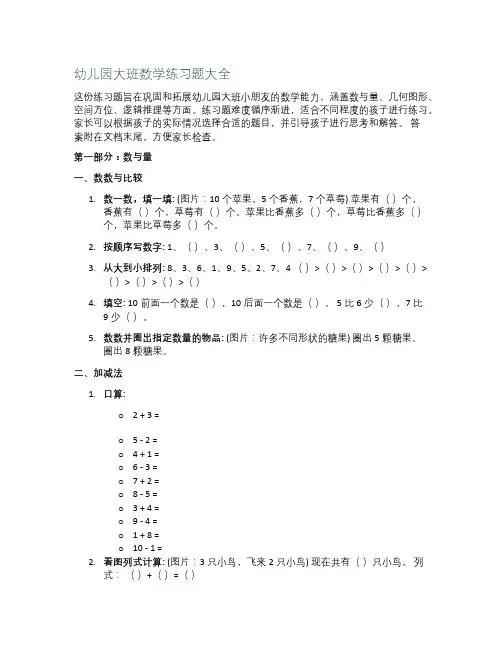 幼儿园大班数学练习题
