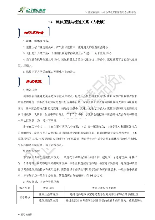 流体压强与流速关系（知识点与考点解析）