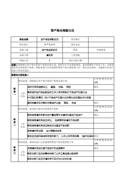 市商业银行资产保全部副主任职务说明书