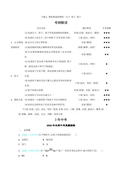 2022版化学专题(7)分子原子离子(含答案)