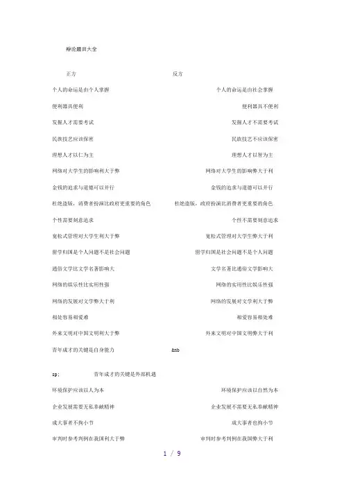 辩论赛题目大全(参考模板)