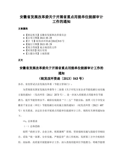 安徽省发展改革委关于开展省重点用能单位能源审计工作的通知