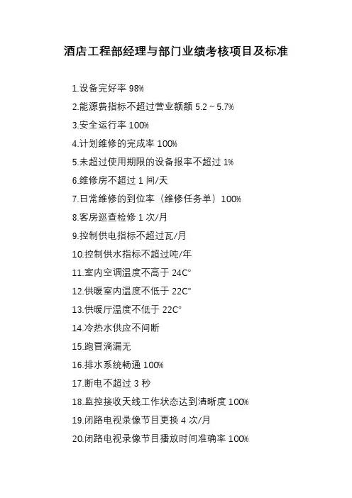 酒店工程部经理与部门业绩考核项目及标准