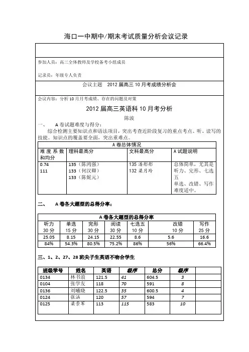 高三上 期中质量分析会议记录