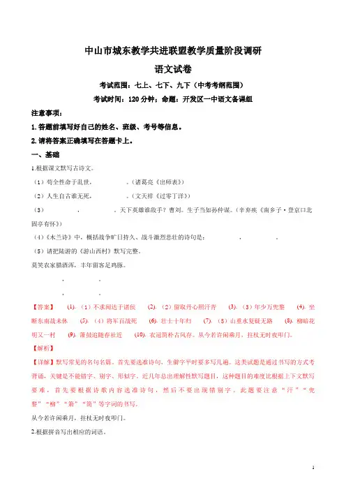 精品解析： 广东省中山市城东教学共进联盟2019届九年级教学质量阶段调研联考试卷语文试题(解析版)