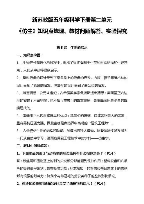 新苏教版五年级科学下册 第02单元《仿生》知识点梳理、教材问题解答、实验探究