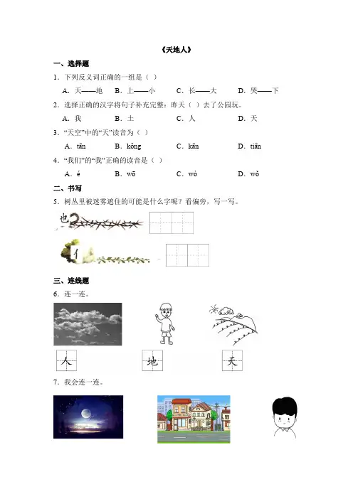 语文统编版(2024)版一年级上册识字第1课 天地人 课时练 含答案03