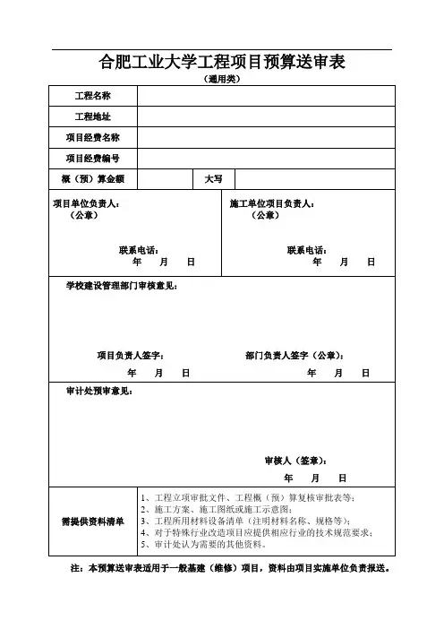 合肥工业大学工程项目预算送审表