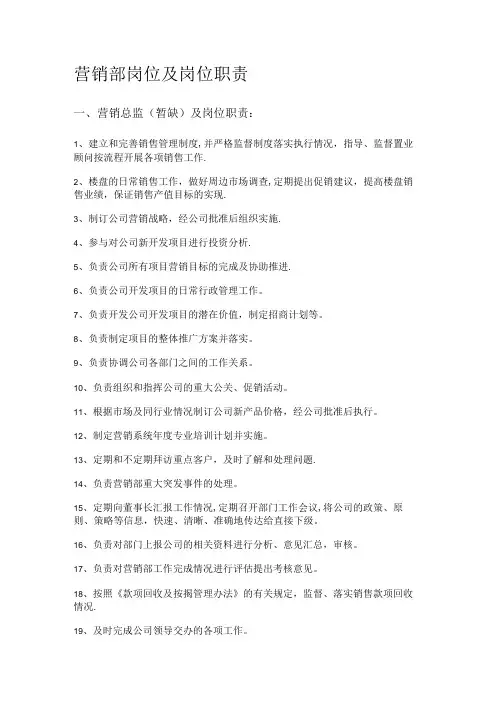 营销部岗位及岗位职责