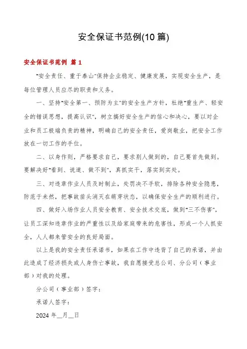 安全保证书范例(10篇)