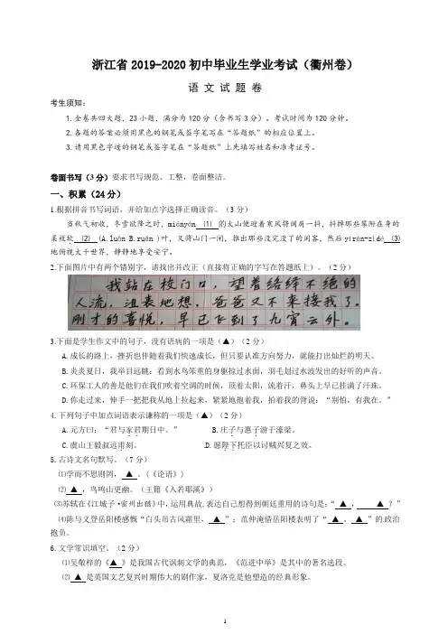 2020年人教(部编版)衢州市中考语文试卷初中毕业考试真题及答案-最新整理