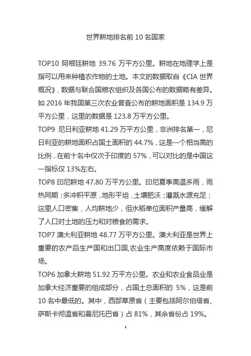 世界耕地排名前10名国家